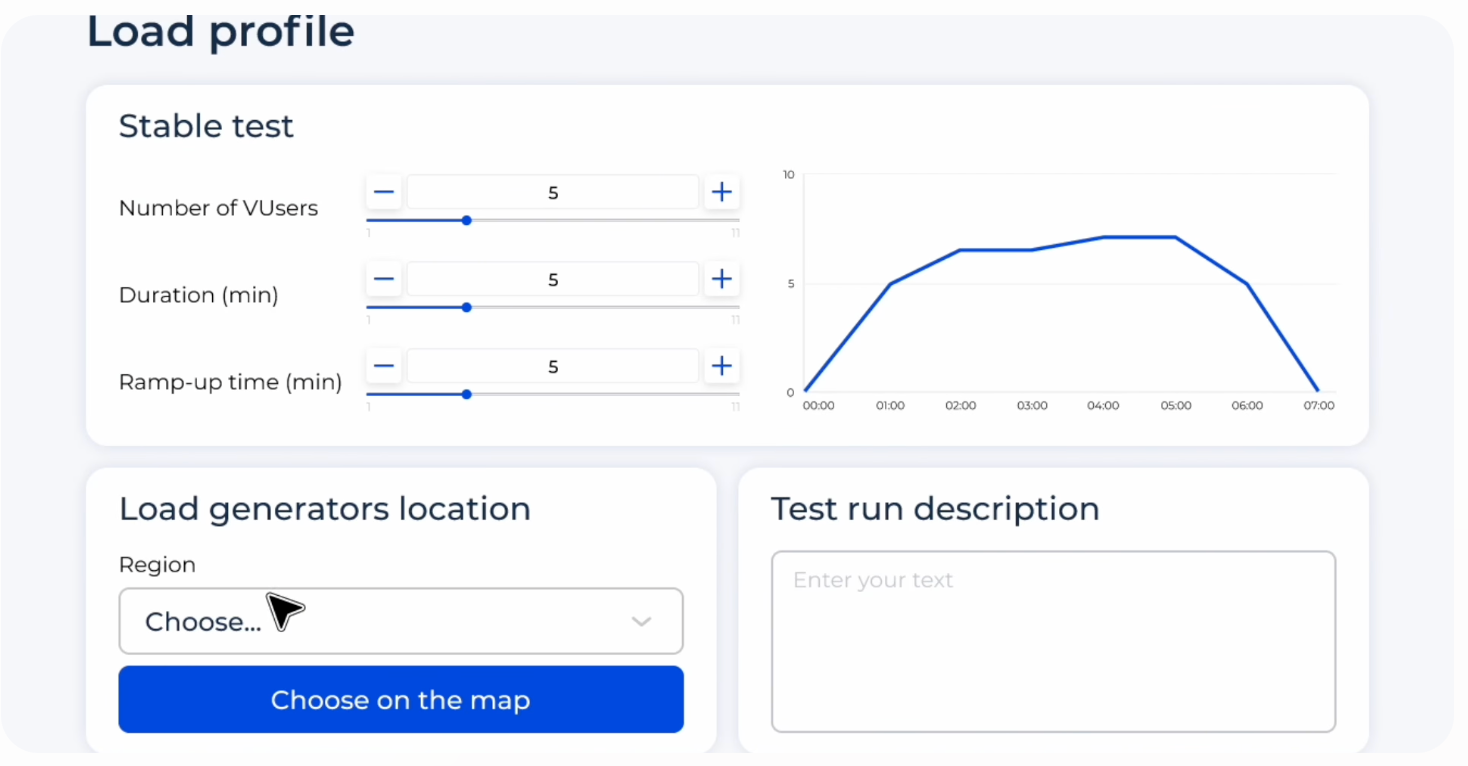 PFLB load profile configuration: virtual users, duration, ramp-up, and load generator regions